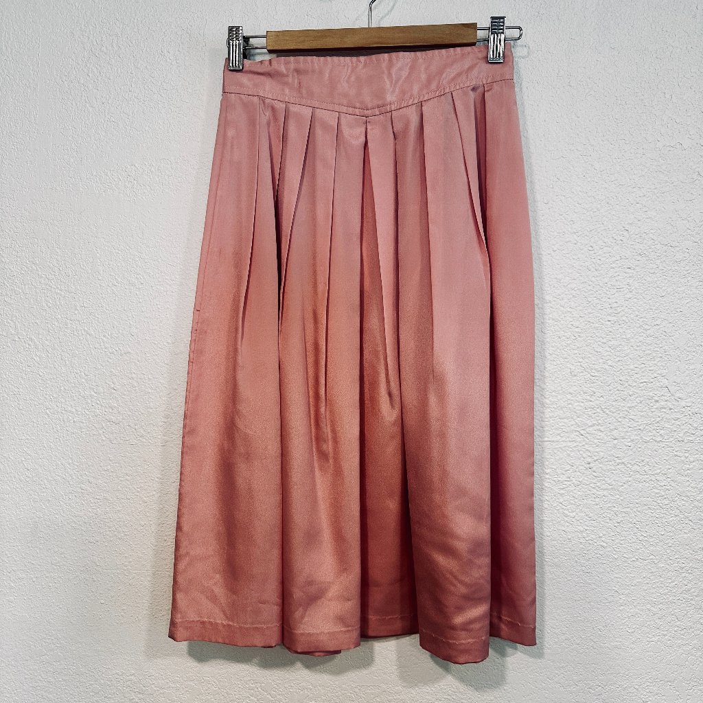 Vintage 50s Pleated Midi Skirt Mauve Pink Sateen Polyester W26xl27 Womens Size 7
